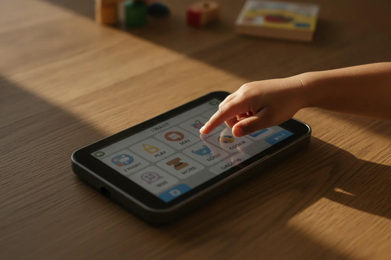 Close-up of a child's hand using an AAC device on a wooden table.