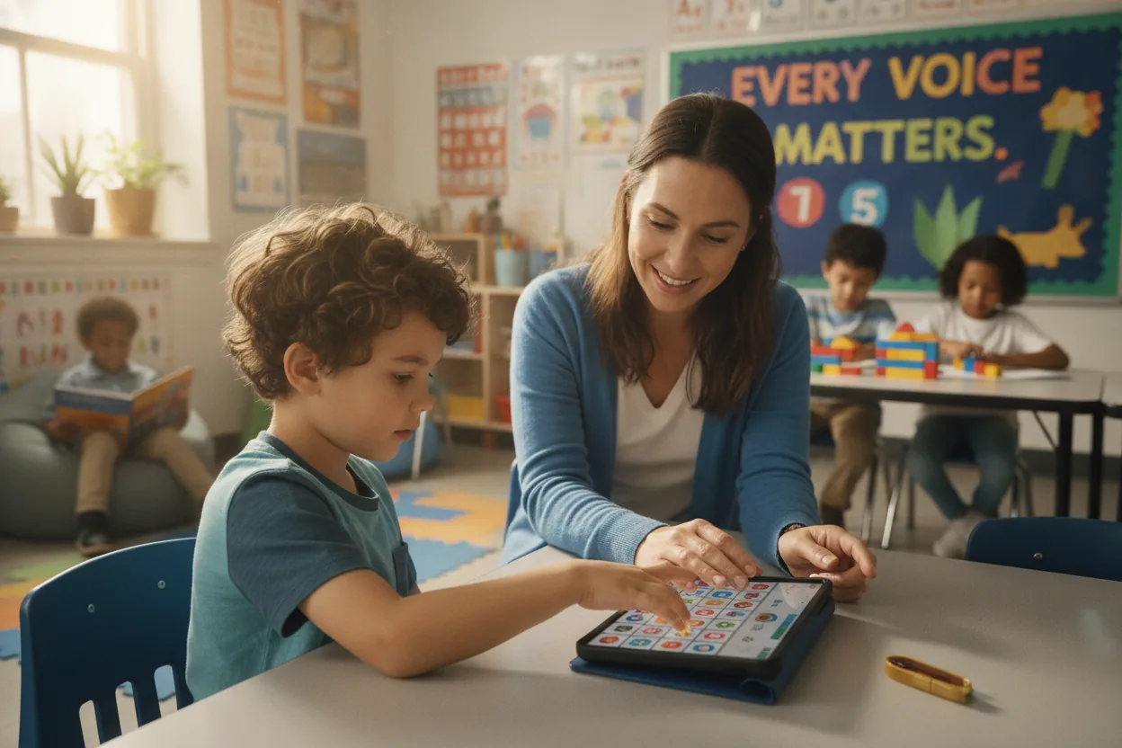 Child using an AAC device in a classroom setting with teacher assisting.