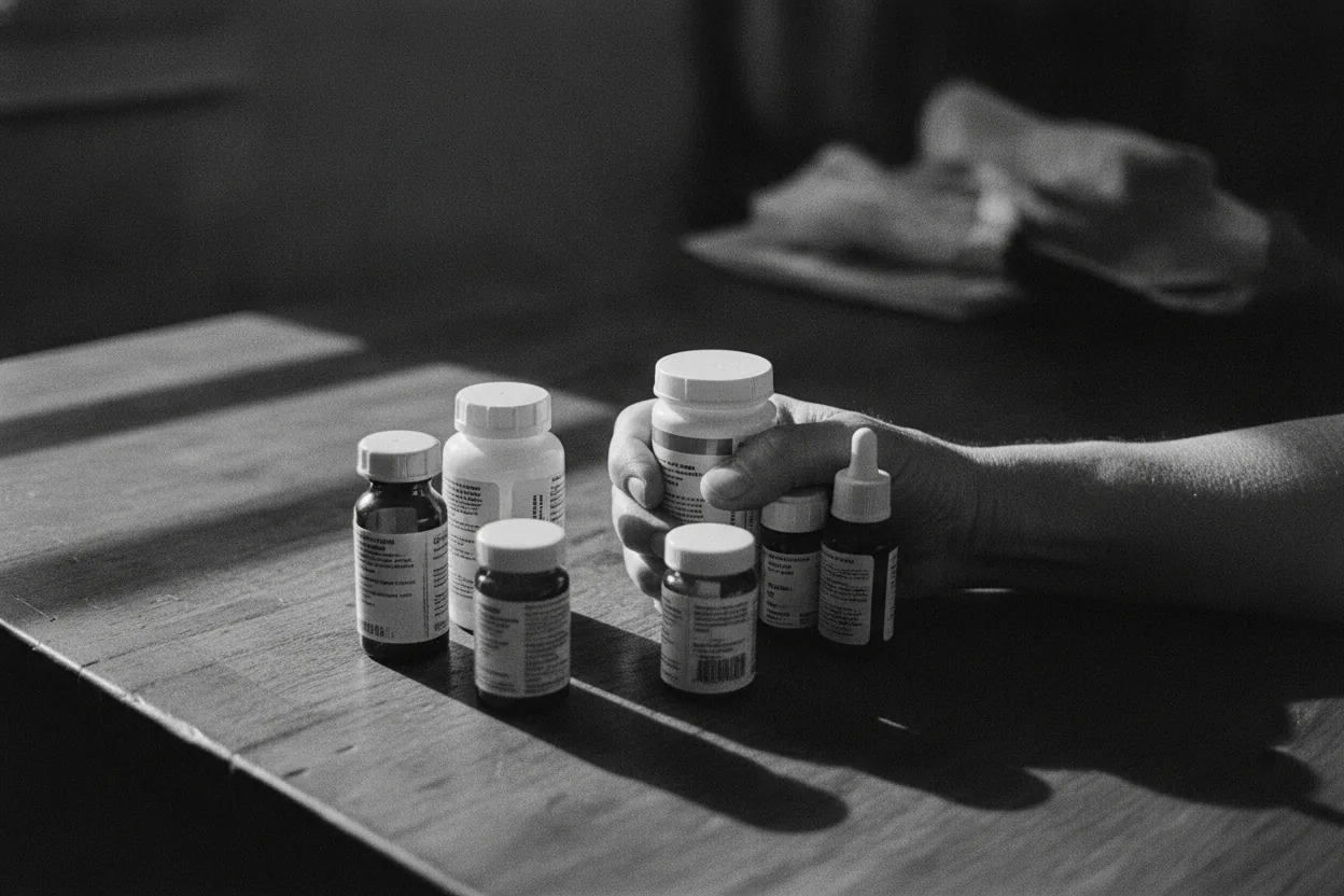A close-up of a hand holding several medication bottles on a table.