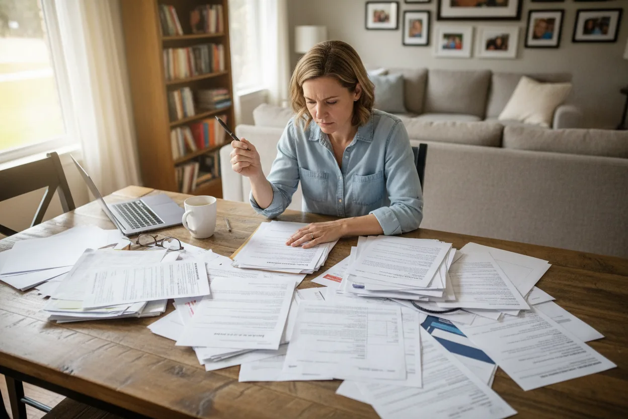 A high angle view of a mother with short hair at a dining table filled with papers, pensively looking down at a form.