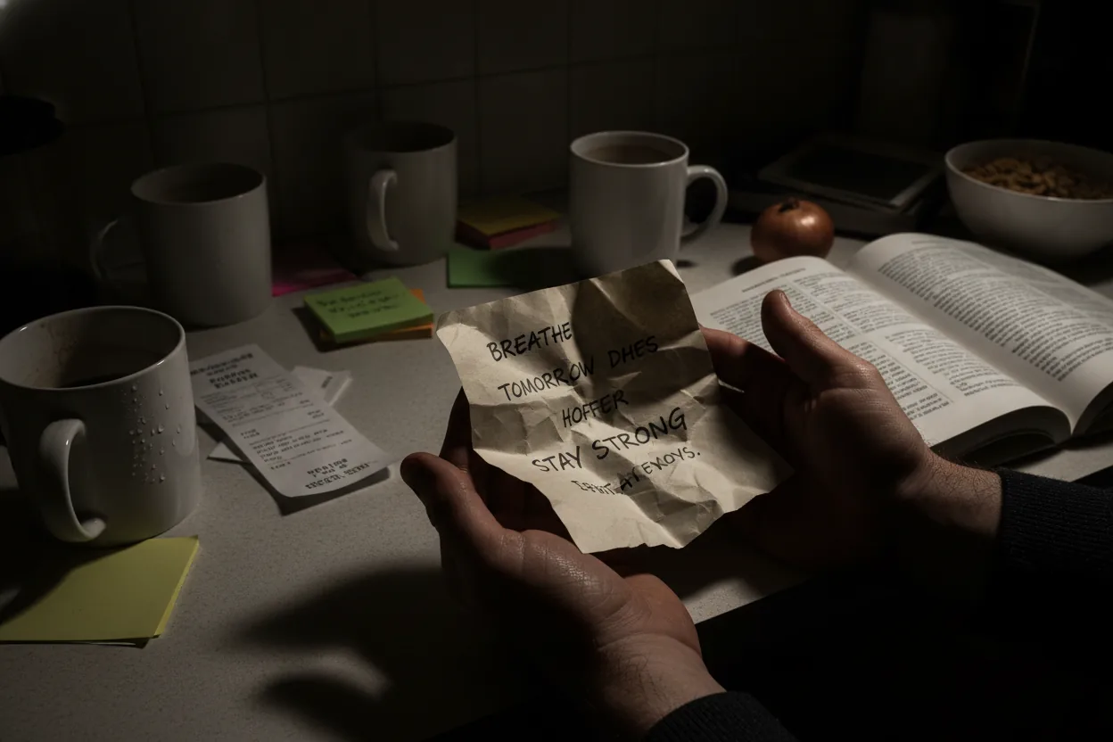 A close-up of a parent's hands holding a piece of paper with advice quotes, set against a cluttered kitchen countertop.