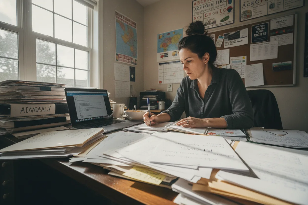 A parent sits at a cluttered desk with papers, a laptop, and advocacy letters.