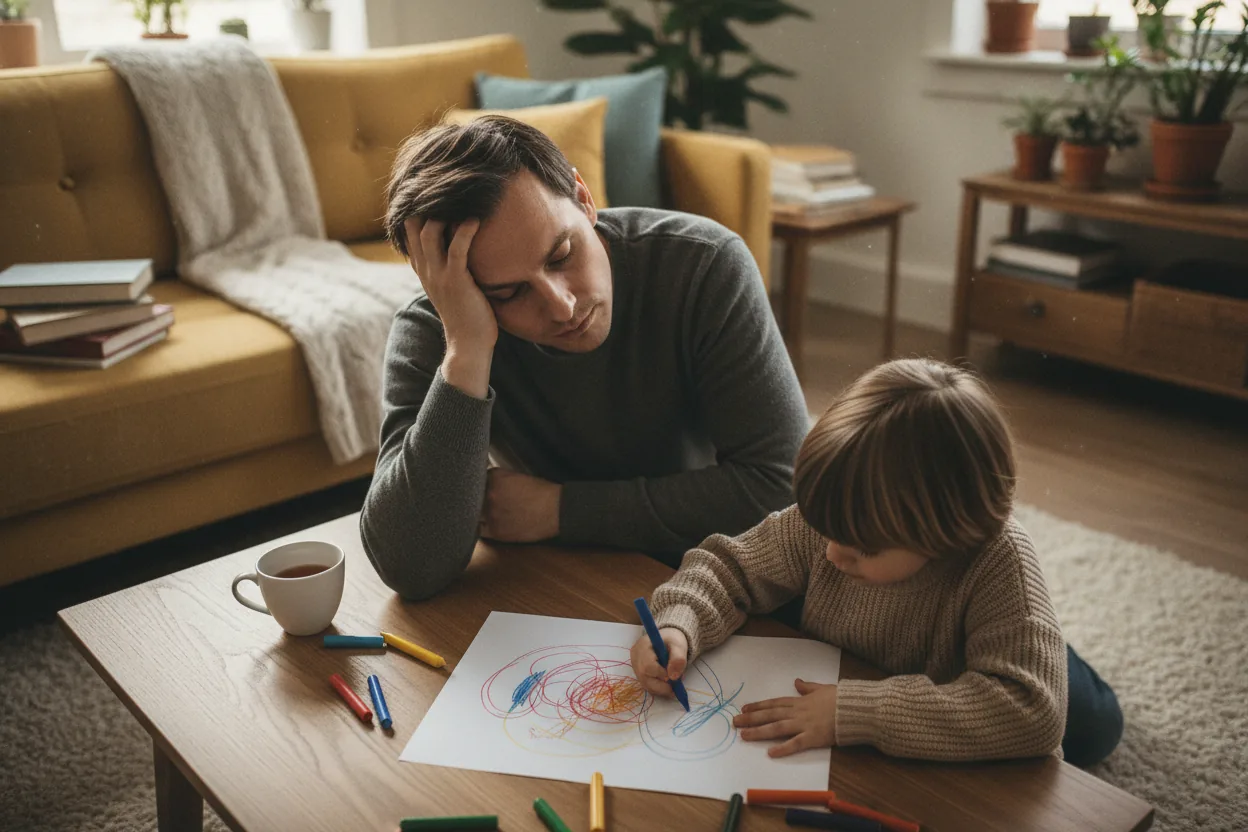 A parent sitting on a couch looking stressed, with one hand on their head, while a child draws with crayons next to them.
