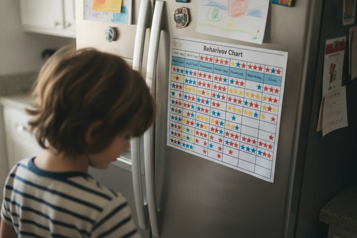 A behavior chart filled with colorful stickers is on a fridge door. A child is blurred in the foreground.