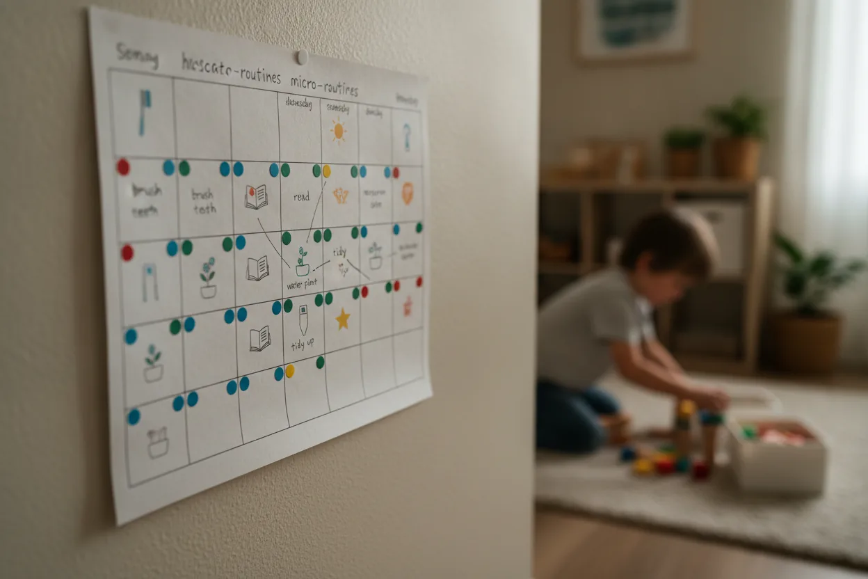 Wall calendar with micro-routines illustrated with icons and stickers, child in background following routines.