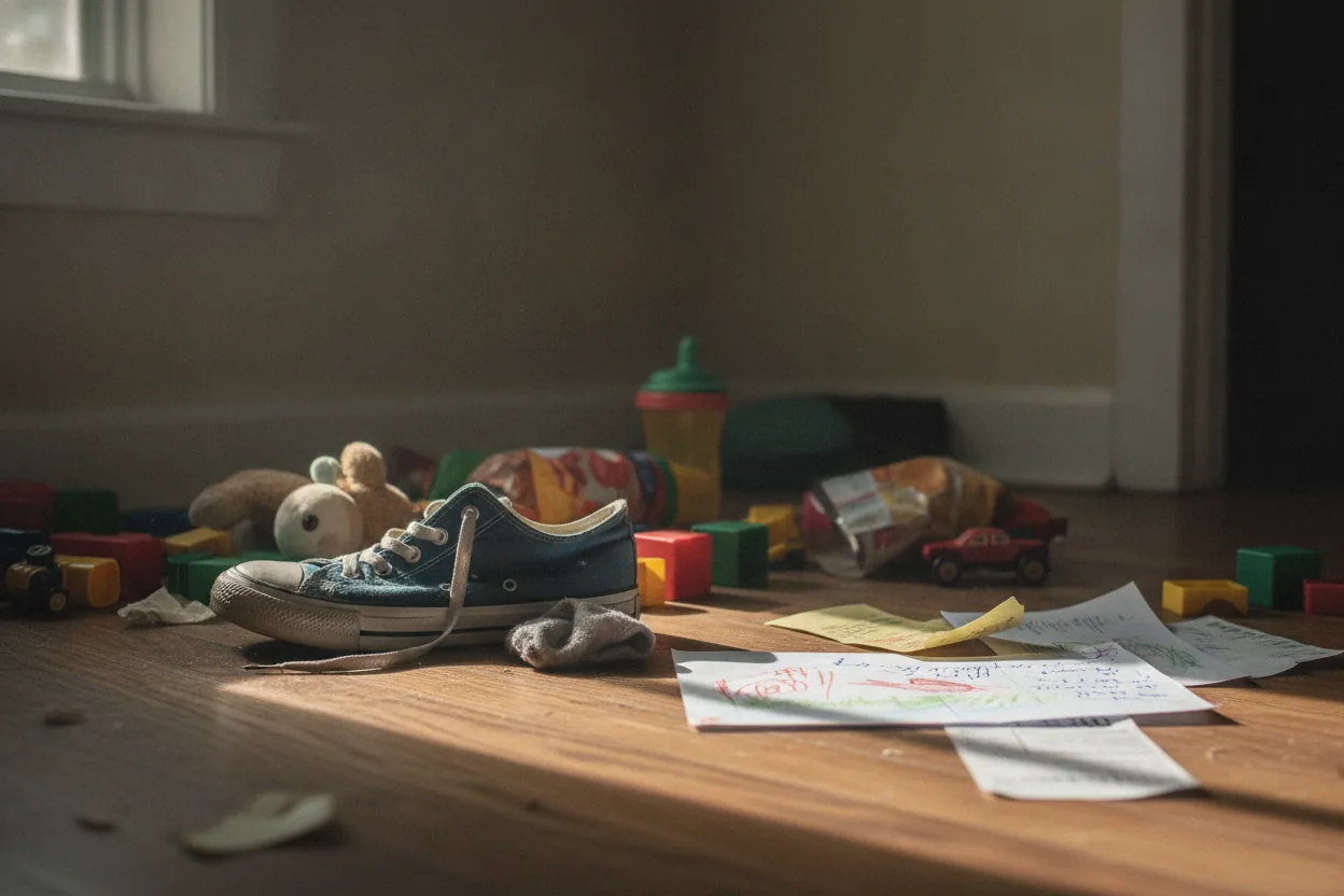 A cluttered floor with toys, papers, and a sneaker spread chaotically.