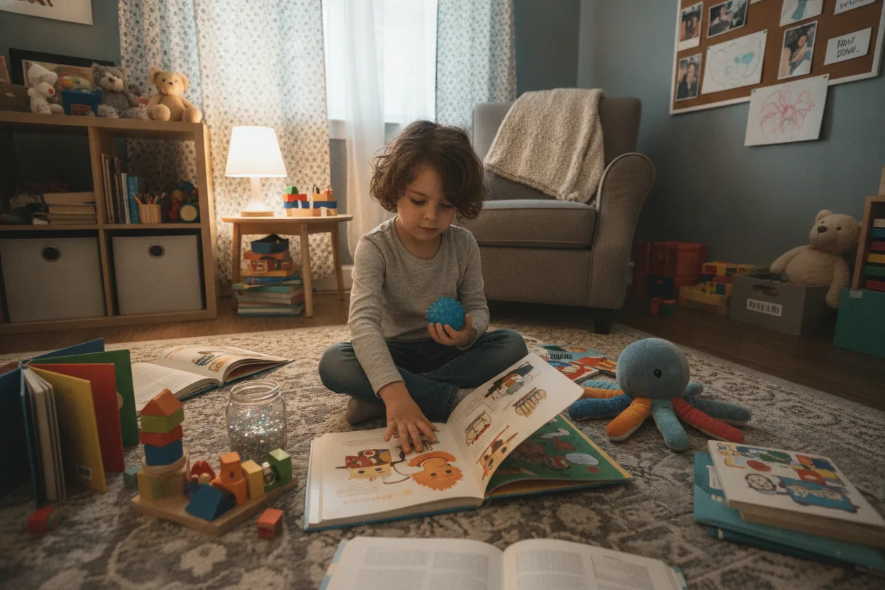 Child sitting on carpet in playroom with sensory toys and books around.