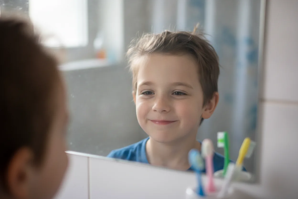 Close-up of a child's face rehearsing a smile in front of a bathroom mirror.