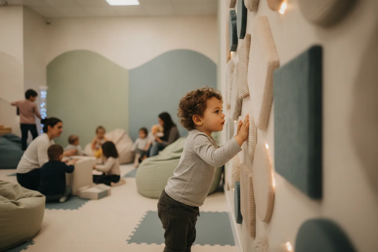 A child exploring a tactile sensory wall, with families engaged in activities in the background.