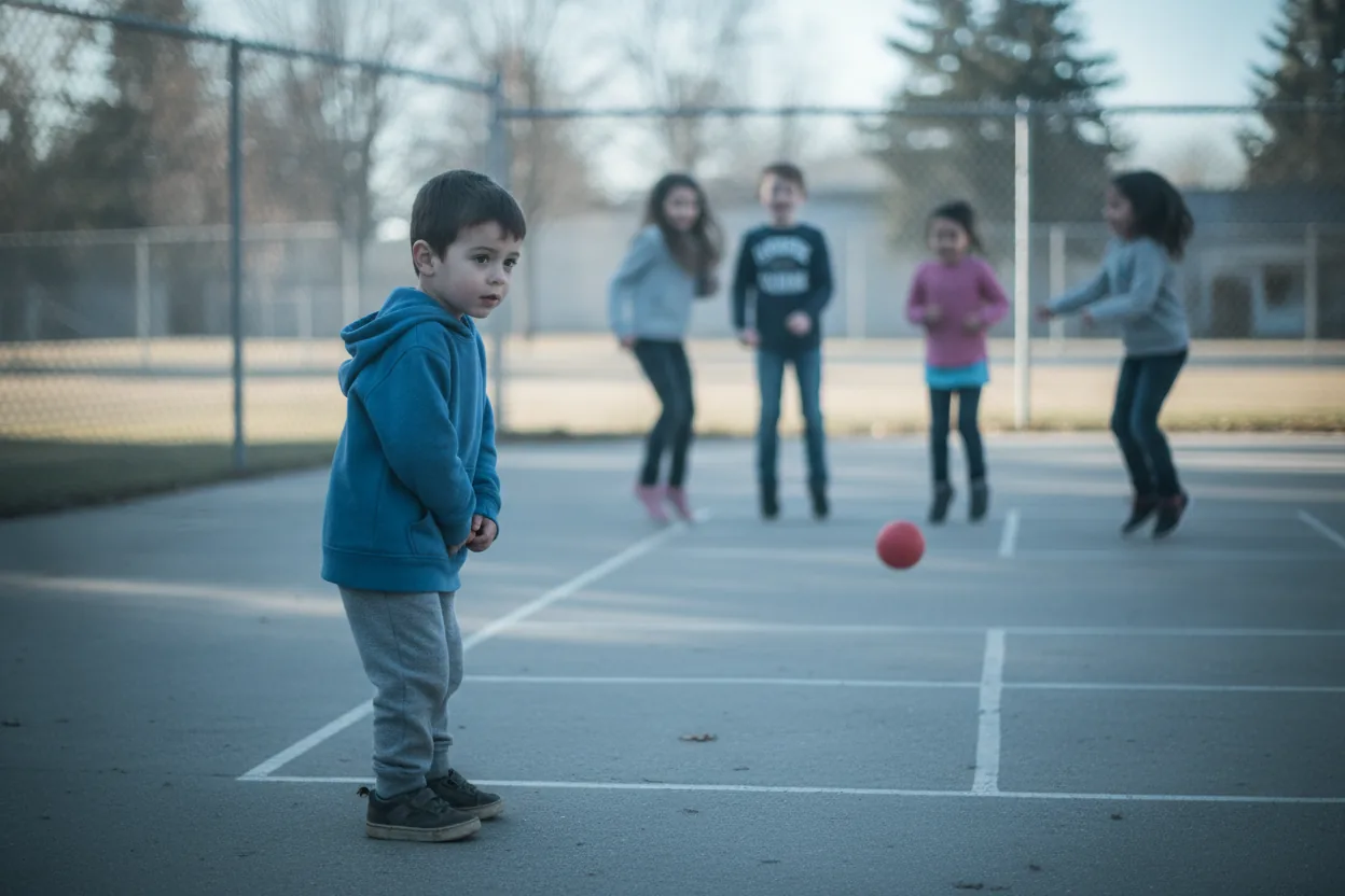 A child stands at the edge of a playground, watching other children play four-square.