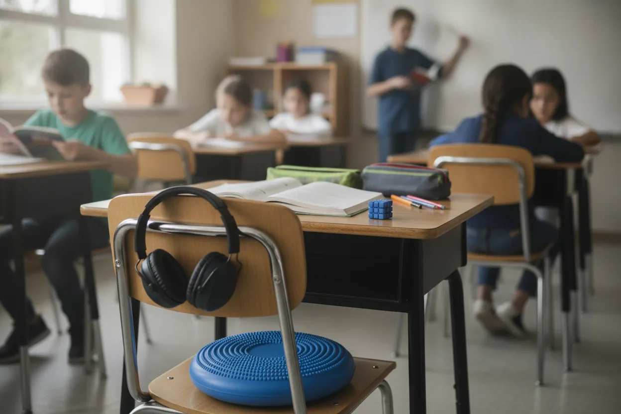A classroom desk with a wobble cushion on the chair and noise-cancelling headphones hanging beside them.