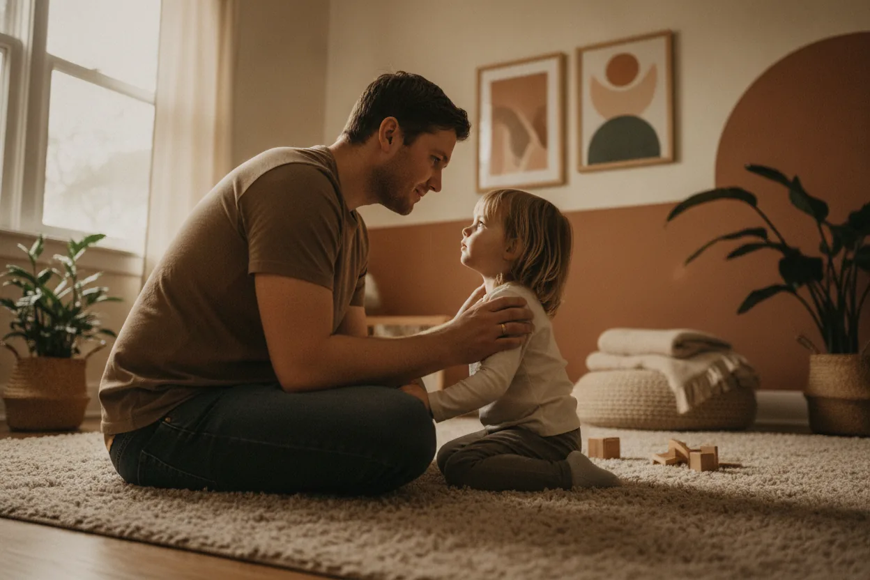 A wide view of a parent kneeling to connect with their child in a softly lit room, both exhibiting calm expressions.