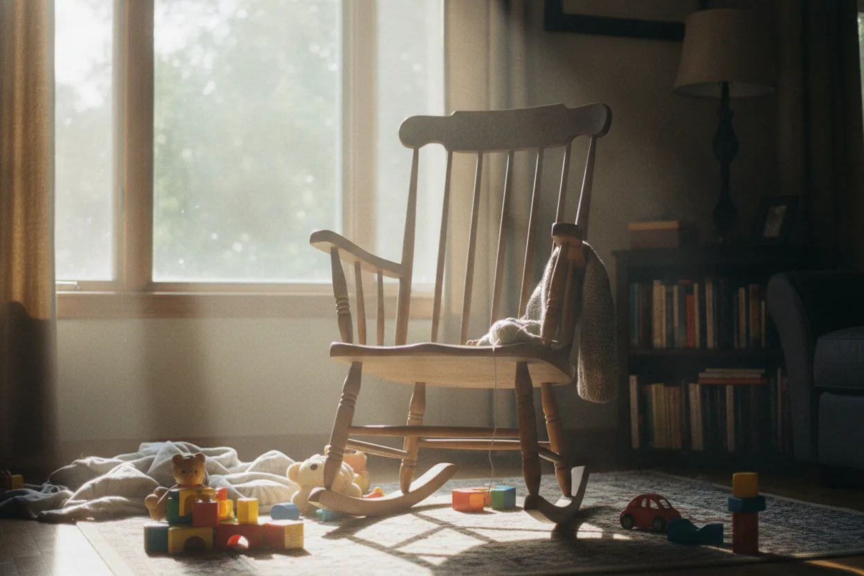 An empty rocking chair bathed in sunlight through a window, surrounded by toys and a knitting project in a living room corner.