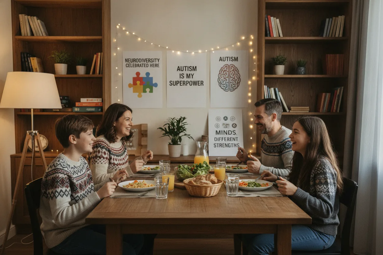 A family of four sitting around a dinner table, engaged in lively conversation and laughter.
