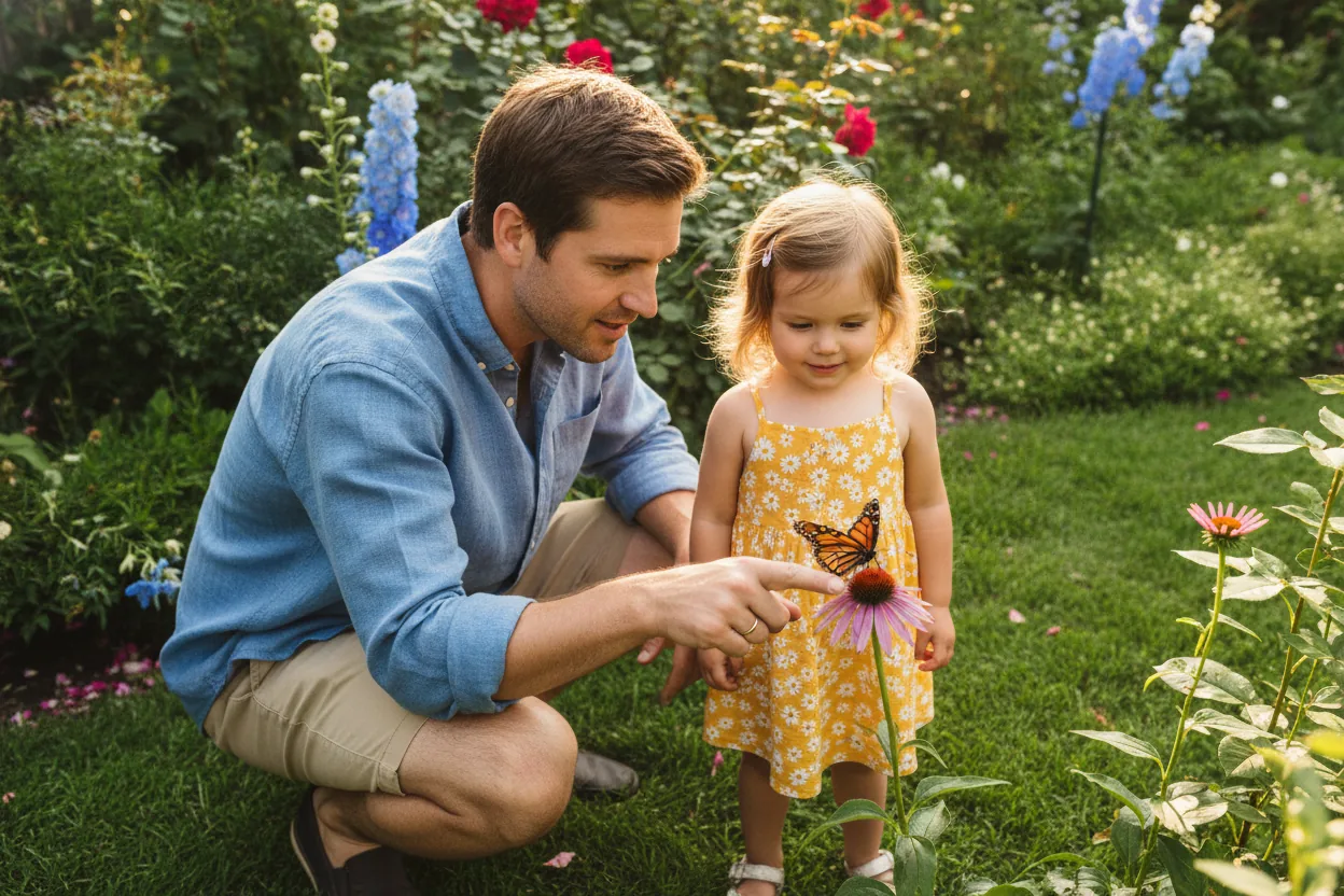 A father and daughter in a garden, pointing at a butterfly, surrounded by greenery.