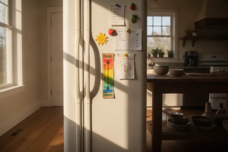 Kitchen fridge with colorful paper thermometer taped on it, notes and magnets visible.