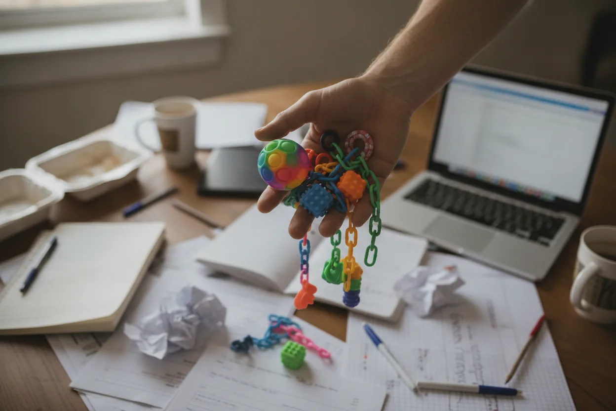 A hand holding colorful fidget toys over a cluttered table with scattered papers.
