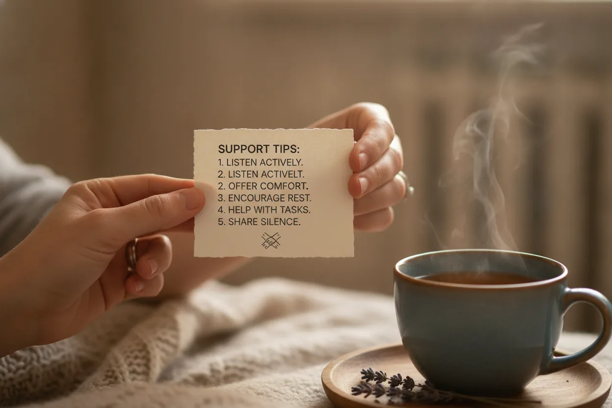 A close-up of hands holding a card with tips, next to a cup of tea on a table.