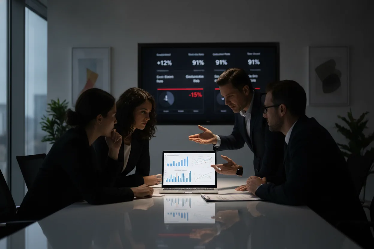 Educators meeting at a conference table, reviewing graphs on a laptop.