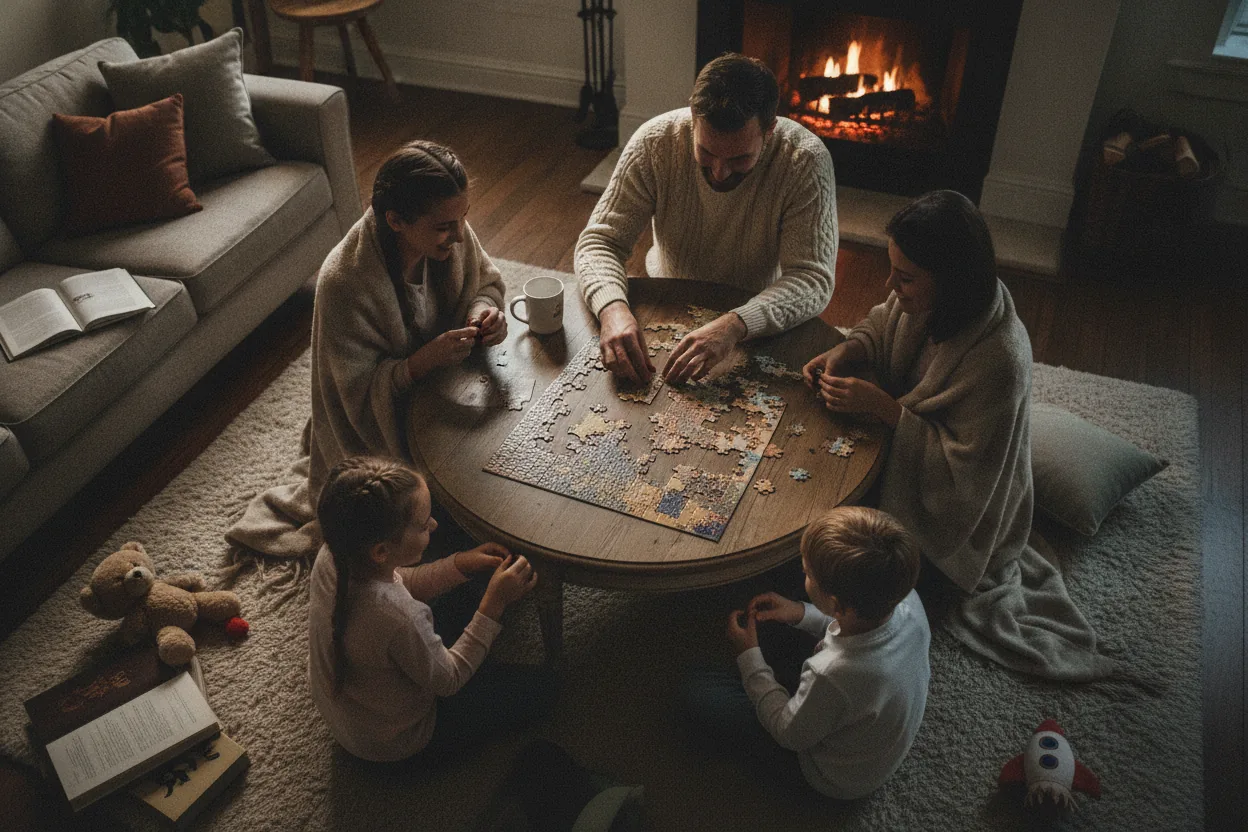 A family sitting on the floor, working on a puzzle together in a warmly lit living room.
