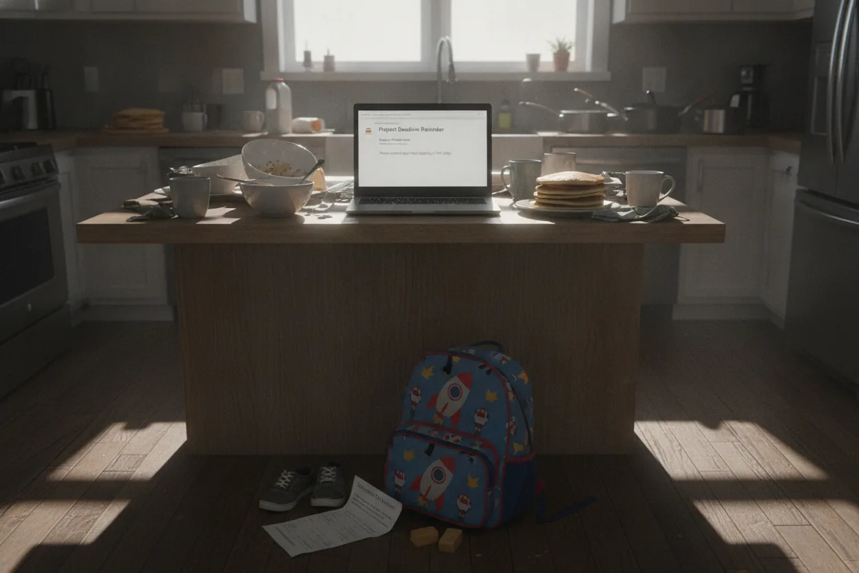 A kitchen with a laptop showing an email amidst dishes and a child's backpack on the floor.