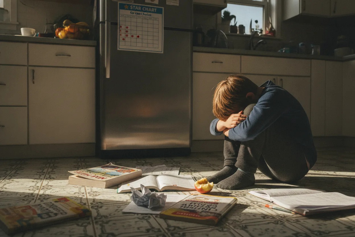 A young child sits on a kitchen floor surrounded by school materials. A behavior chart is visible on the fridge behind them.