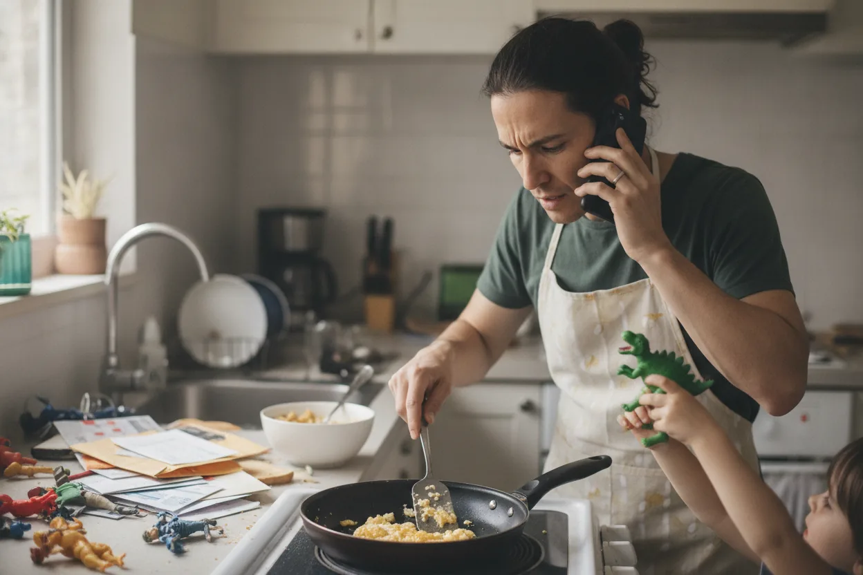 A stressed parent multitasking in a cluttered kitchen with children around.