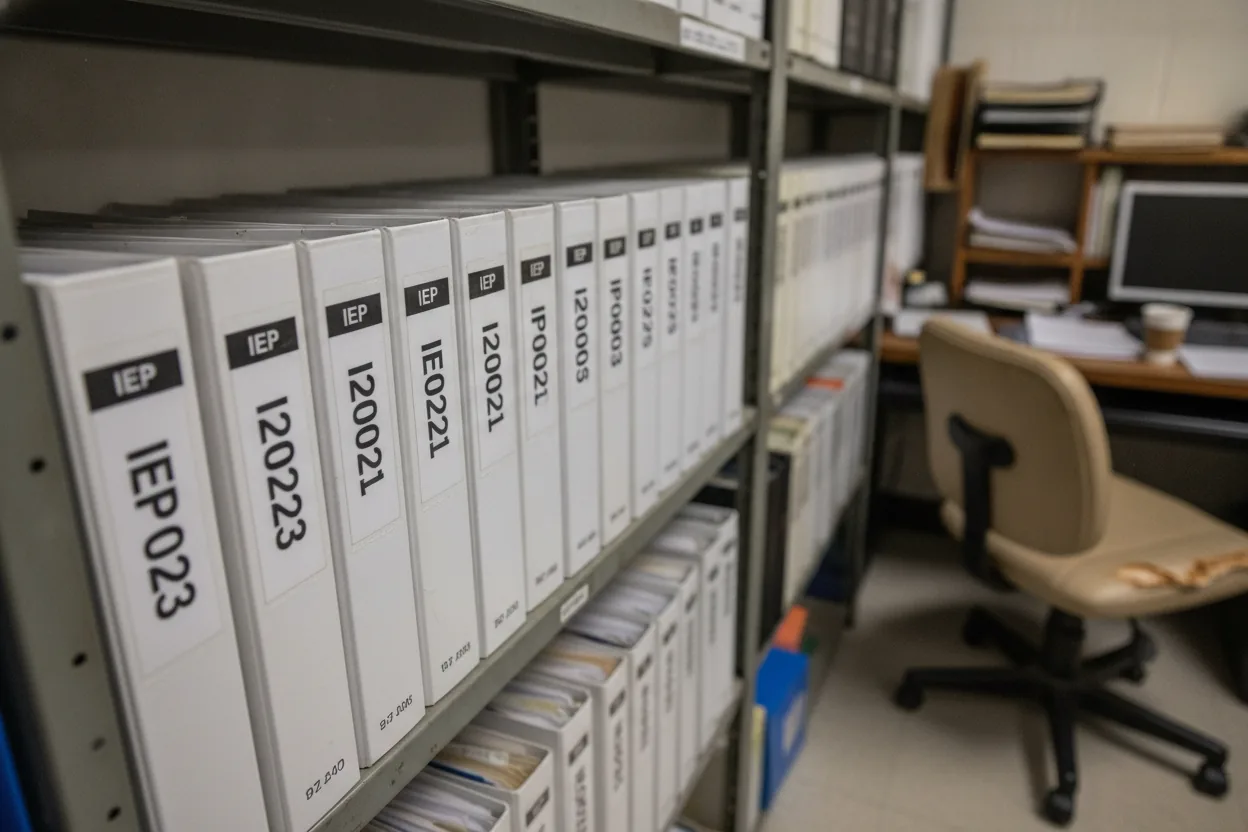 A row of identical IEP binders labeled with different years on a shelf.