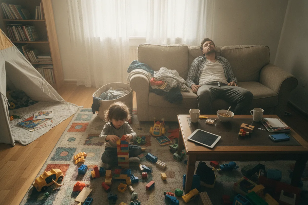 An overhead view of a living room with a parent sitting on the floor and a child playing with blocks.
