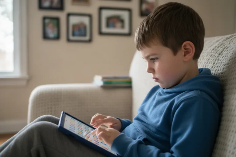 A young boy sits on a sofa, focused on an AAC tablet in his hands, with a softly lit living room in the background.