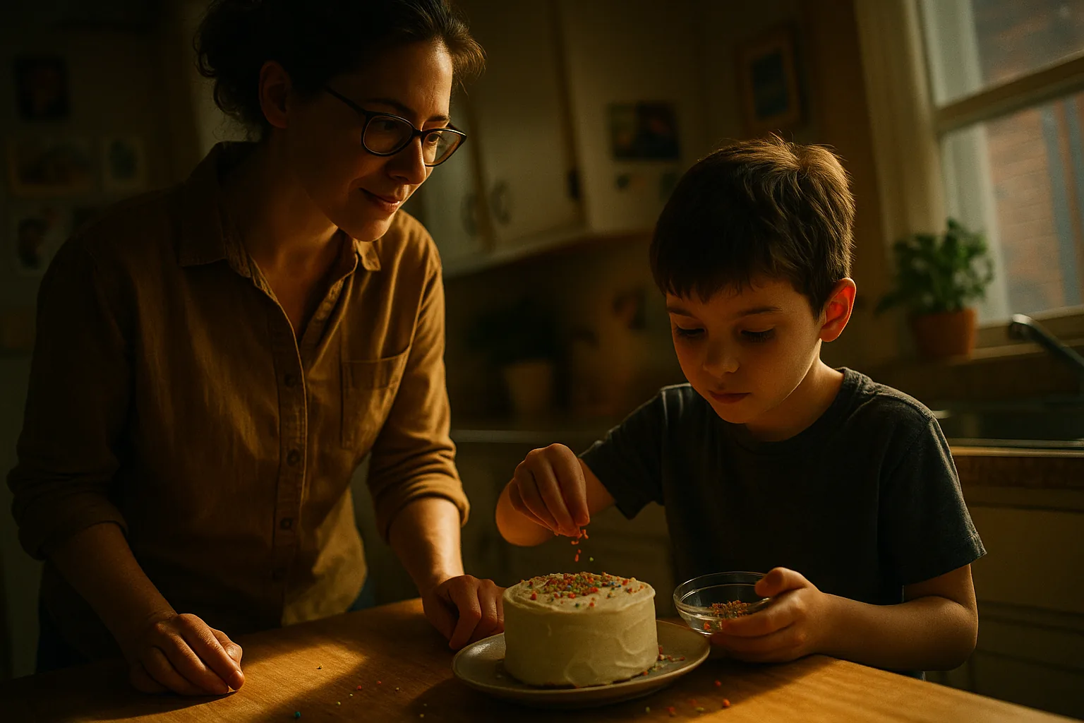 A parent and child in a kitchen; the child decorates a cake while the parent watches with a supportive expression.
