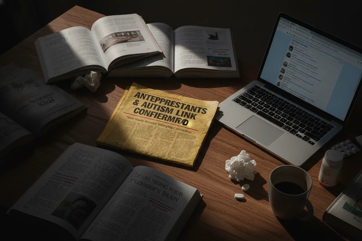 Crumpled newspaper with a headline about antidepressants and autism on a cluttered desk with parenting books and a laptop.
