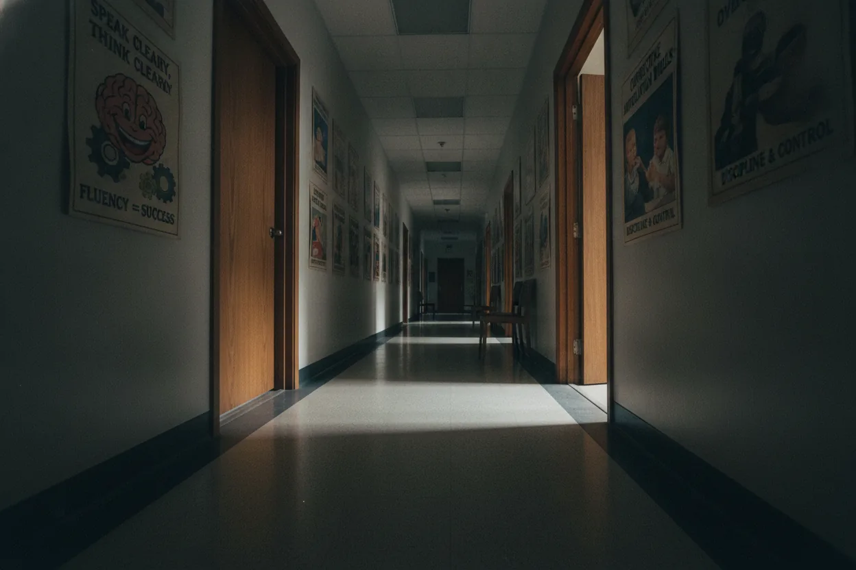 A dimly lit hallway in a clinic with speech therapy posters on the walls.