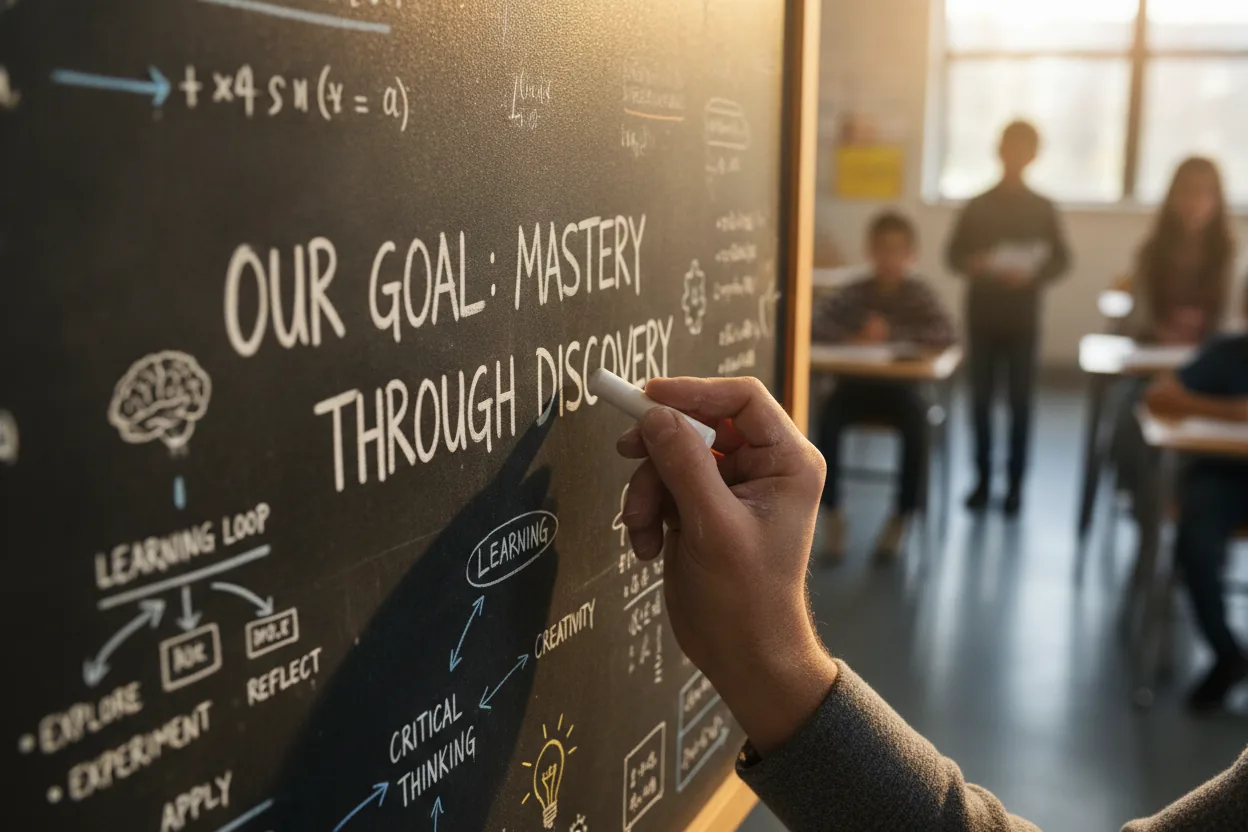 Close-up of a teacher's hands writing a detailed goal on a chalkboard.