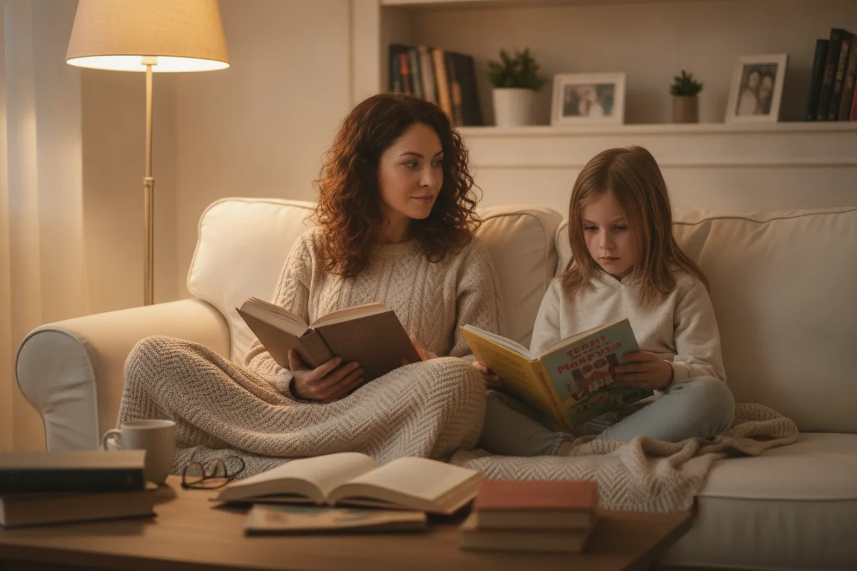 A woman and her child reading books on a cozy couch, lit by a warm lamp in the background.