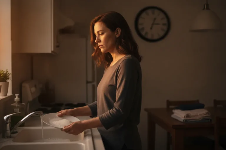A tired mother, her face partly obscured, washes dishes at a kitchen sink with a clock in the background indicating 9:47 p.m.