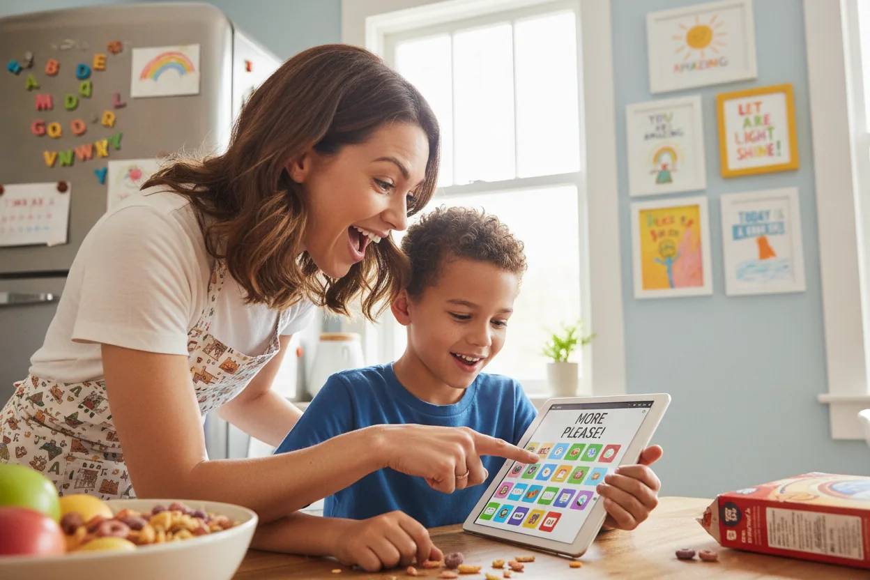 In a bright kitchen, a mother smiles as she listens to her son using an AAC device, colorful artwork visible in the background.