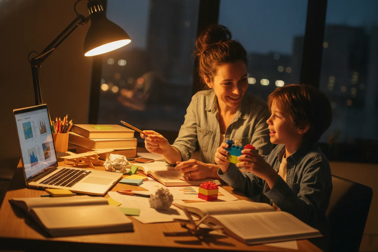 A parent and child working together on homework at a desk with various educational materials.