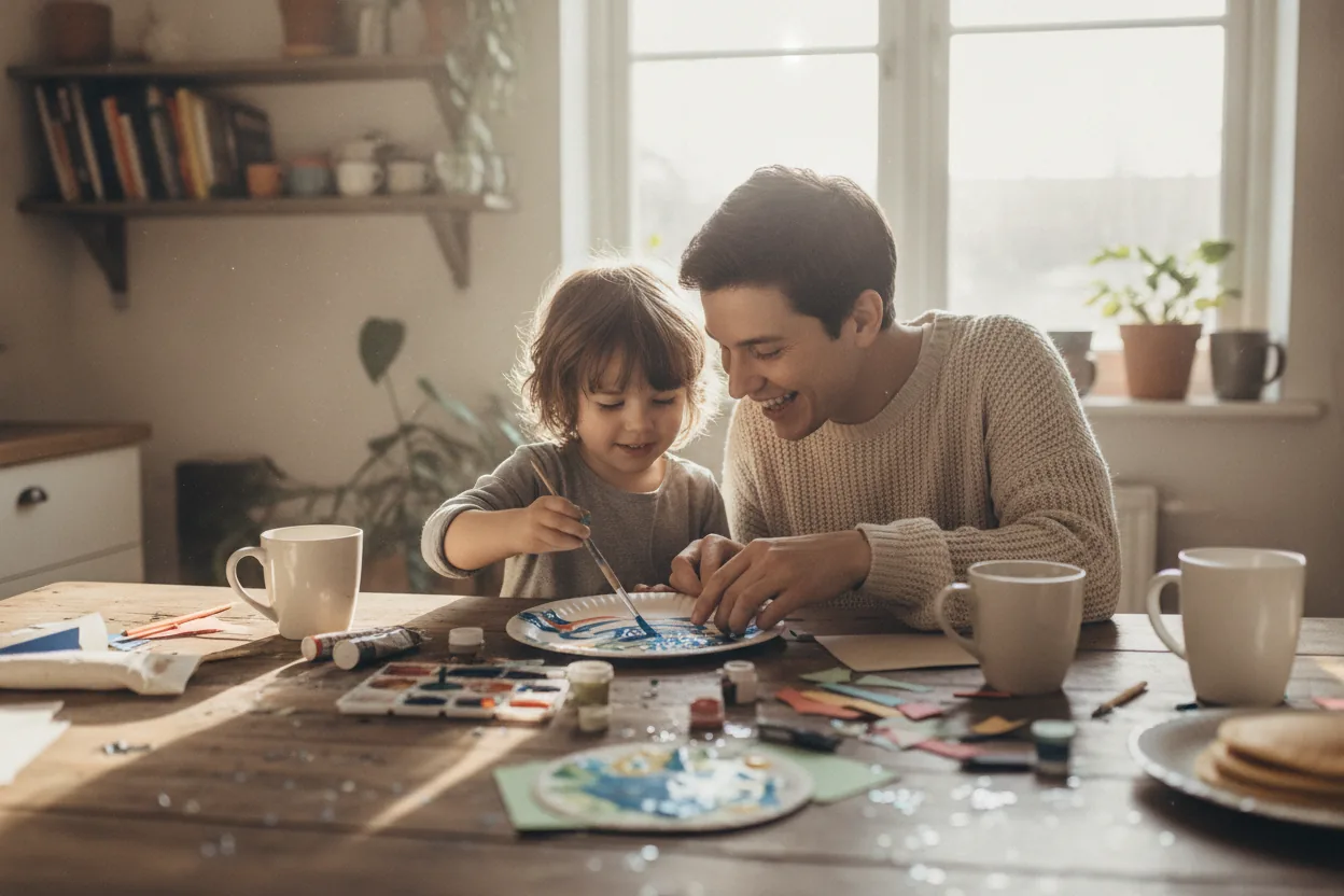 A child and parent sitting at a kitchen table, joyfully working on an art project together.