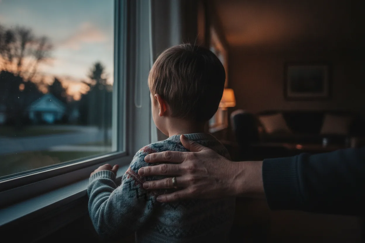 A tilted view of a parent's hand resting on a child's shoulder, the child facing away and looking out a window.