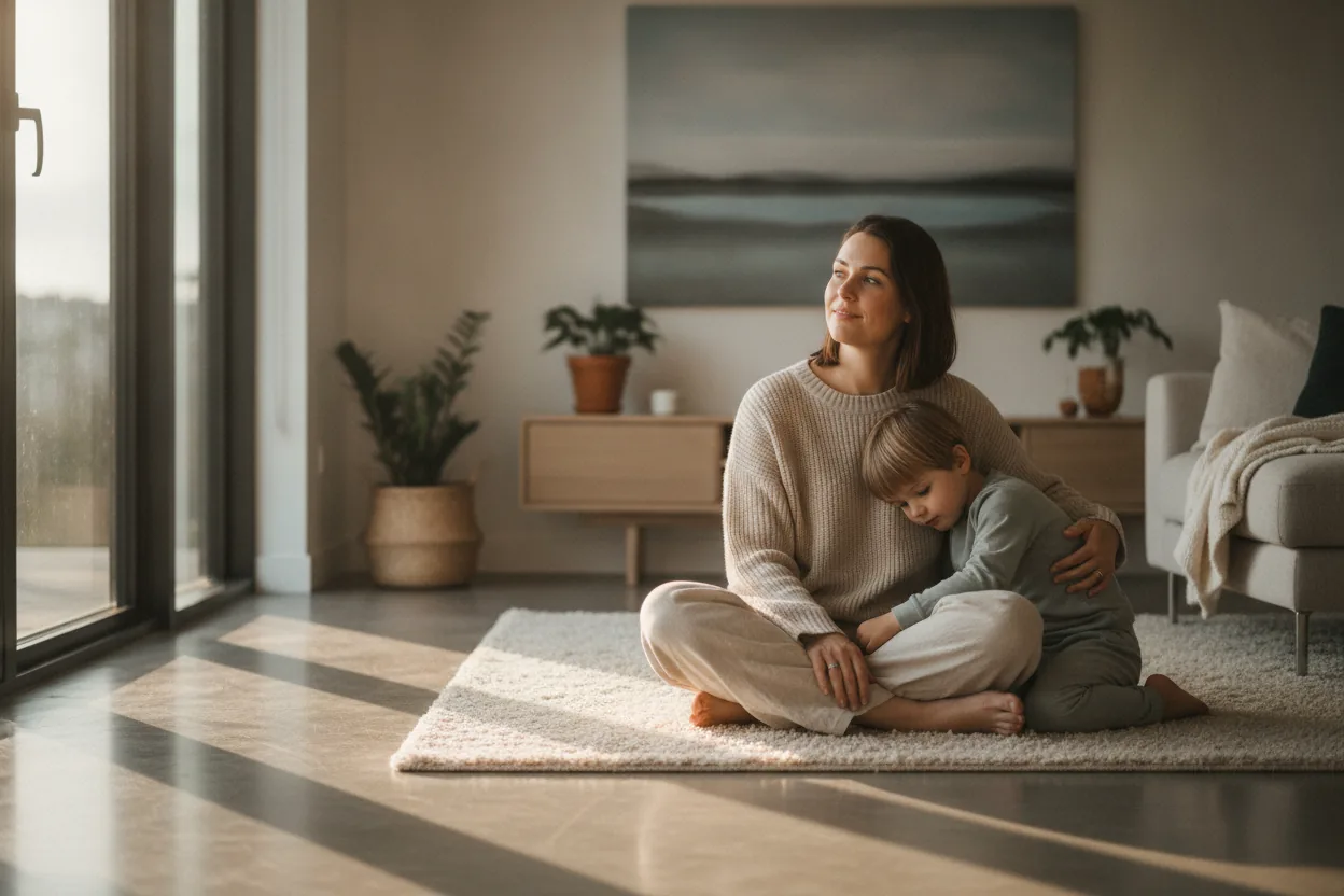 Parent and child sitting quietly together on the floor in a softly lit living room.