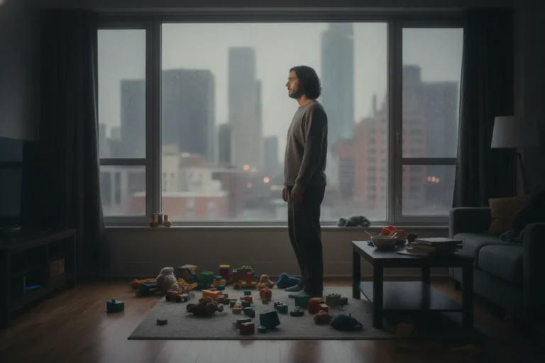 A parent looking out of a window in a cluttered living room filled with children's toys, appearing fatigued and distant.