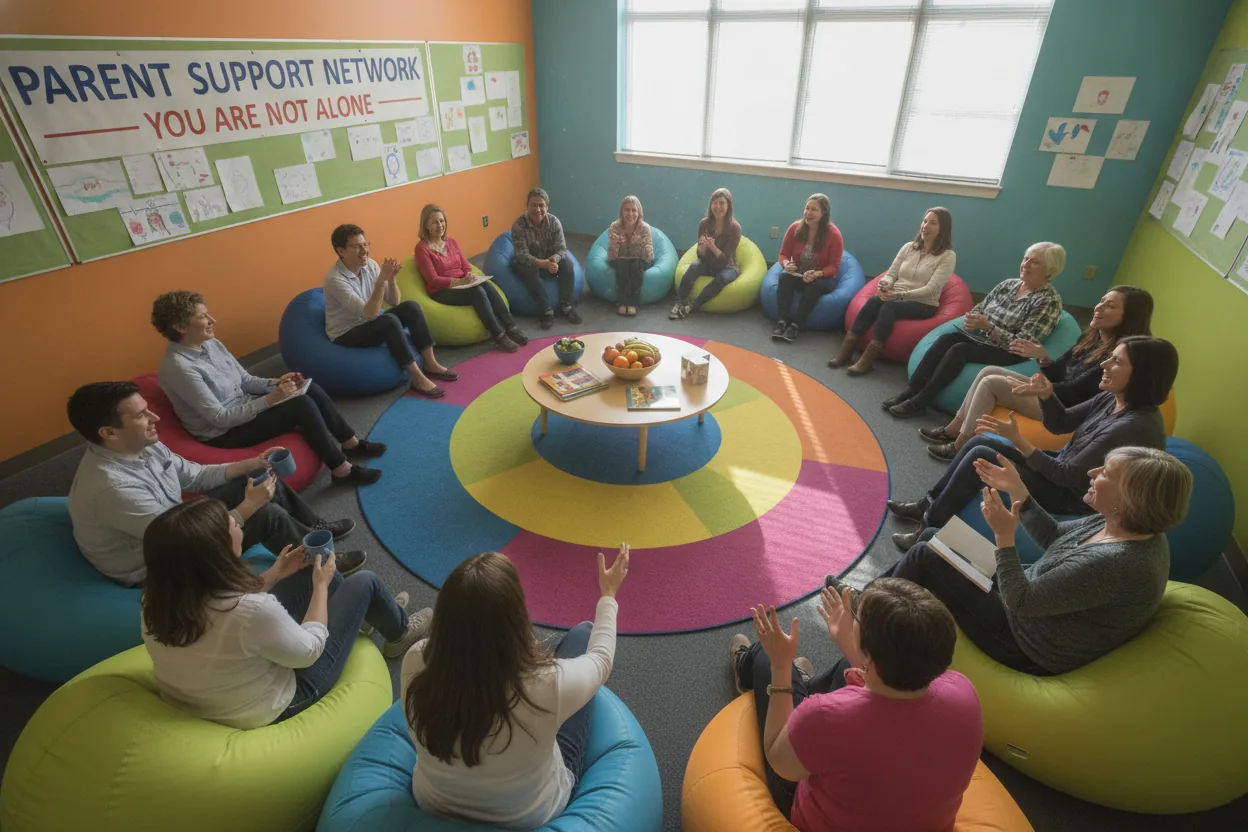 A group of parents sitting in a circle in a community center, talking and smiling at each other.