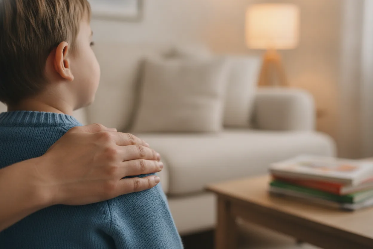 A close-up of a parent's hand on a child's shoulder, set in a cozy living room.