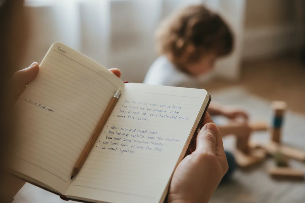 Close-up of a parent's hands holding a notepad with observations, child blurred in background.