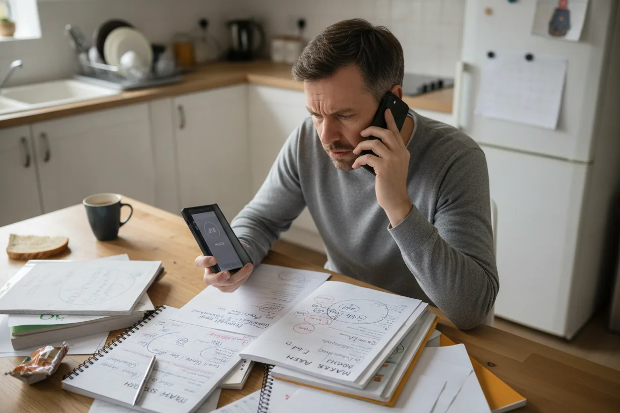 A frustrated parent holding a phone while sitting at a table covered with papers and notes.