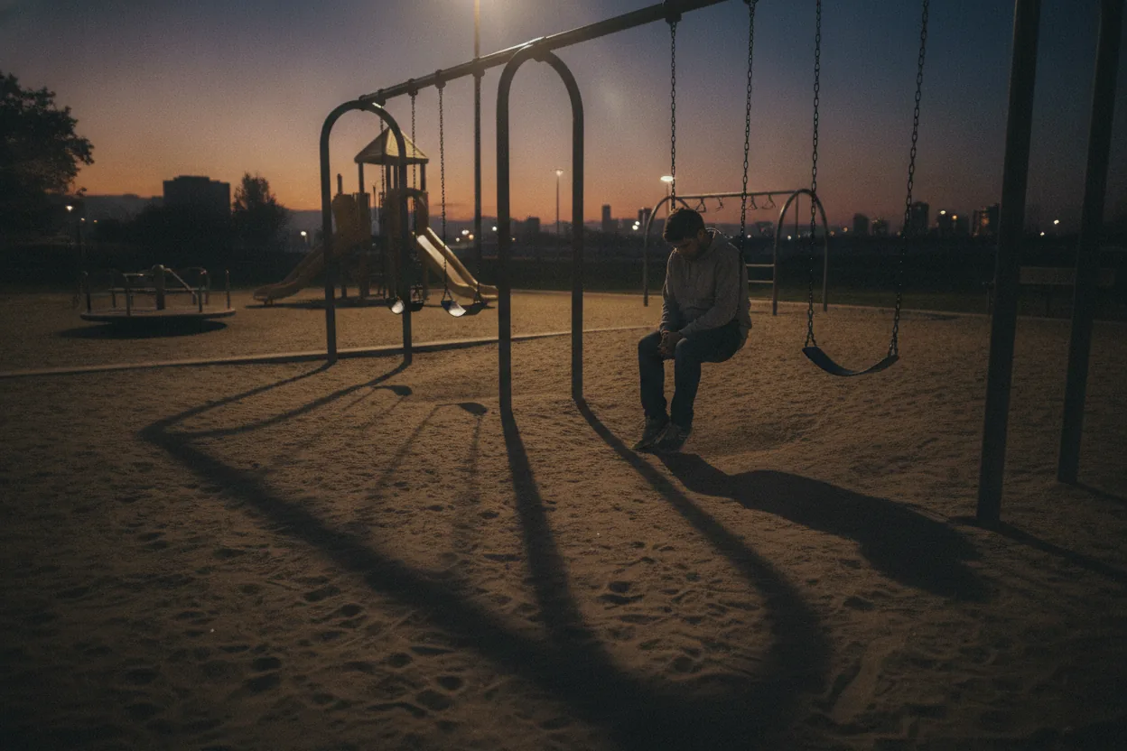 A parent sitting on a swing in a dimly lit playground during dusk, looking contemplative.