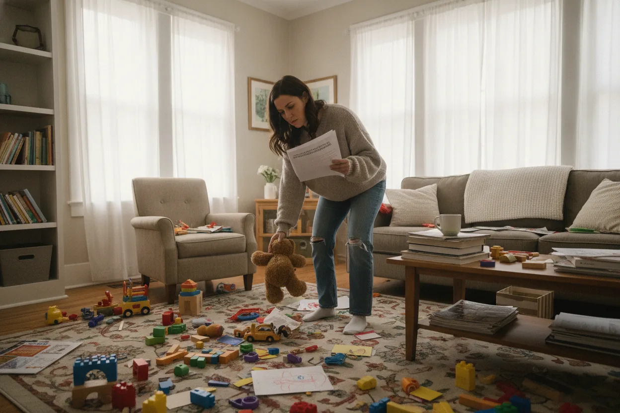 A parent picking up a toy in a cluttered living room, with a psychological report nearby.