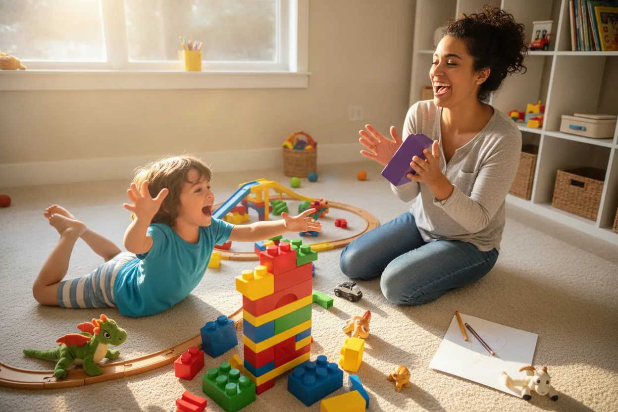 A top-down view of a child and therapist playing with building blocks on the floor.