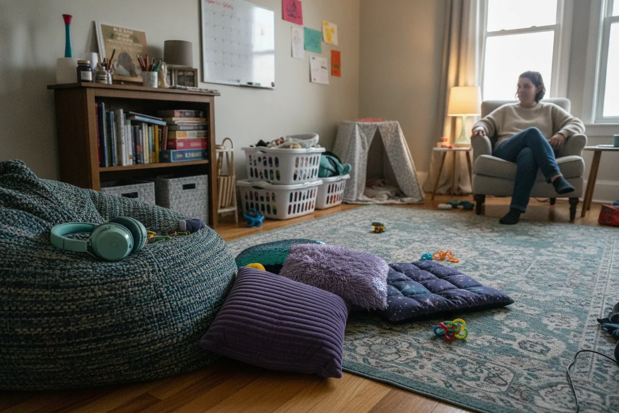 A wide view of a cluttered living room featuring sensory-friendly items like headphones and cushions, with a parent in the background.